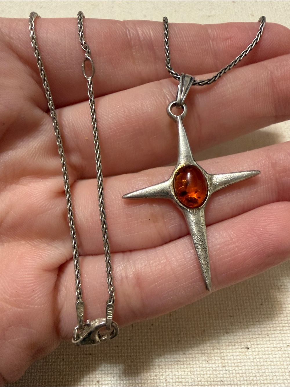 Sterling Silver 925 Star Cross Pendant Necklace W/ Amber Stone 18’ chain